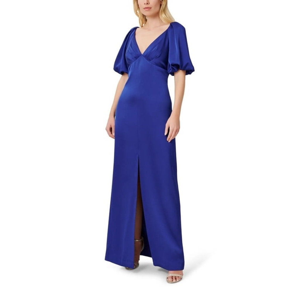 Aidan Mattox Blue Slit Maxi Gown with Puff Sleeves